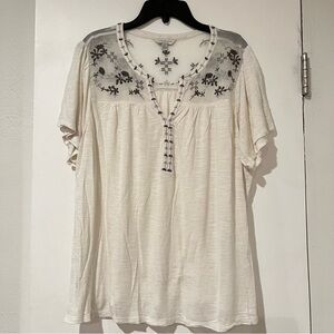 Lucky Brand White Embroidered Sheer Yoke Peasant Blouse Top